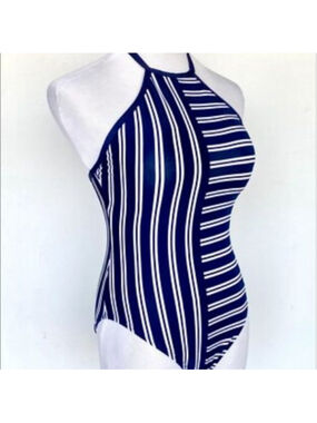 Nautica NWT High Neck Mixed Stripe One Piece Swimsuit Navy Blue & White Sz L